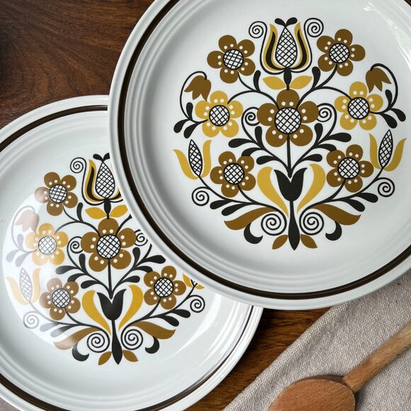 Folklore Ironstone Ware by Myott England 2 Dinner Plates 10" Brown Flowers - Picture 2 of 13